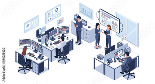 Office workers collaborating on projects at their desks with computers and charts on the walls from an overhead viewpoint