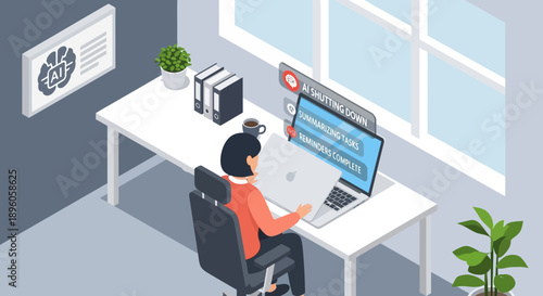 Person working on computer in office environment with various office supplies viewed from above