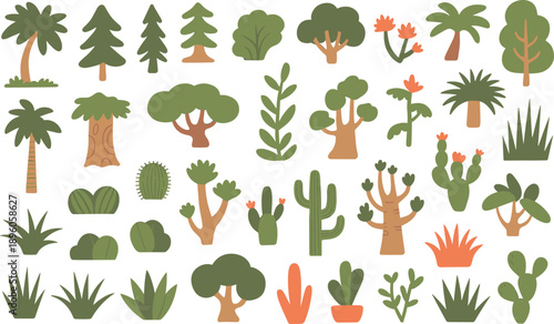 Stylized trees shrubs and cactus collection, flat vector forest and desert plants set, nature icons isolated white background illustration