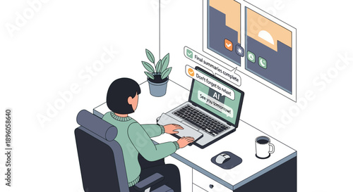 A person working on a laptop in a modern office setting viewed from behind