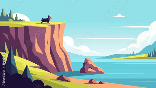 Minimalist dog on cliff overlooking tranquil blue water and distant hills