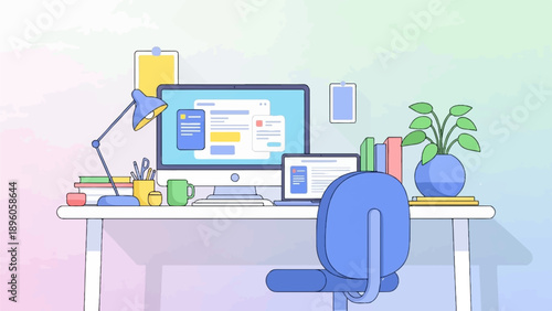 Minimalist desk setup with computer, laptop, lamp, books, and plant