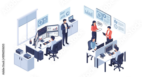 Office workers collaborating at desks with computers and large screens in a modern workspace viewed from above