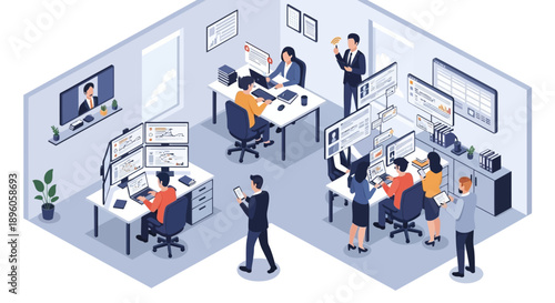 Busy office scene with people working at desks and collaborating in a modern workspace viewed from above