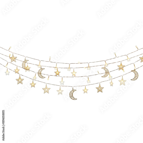 Photorealistic Hanging Fairy Lights with Gold Star and Crescent Moon Pendants