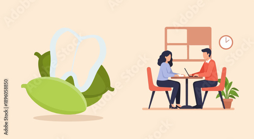 Minimalist illustration of a stylized tooth with leaves, and a pair of people at a table