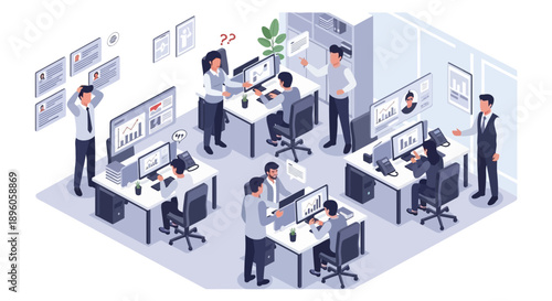 Busy office scene with employees working at their desks and interacting with each other from an isometric viewpoint