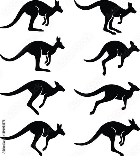 Black kangaroo silhouettes set showing jumping and standing poses Australian marsupial animal illustration isolated on white background