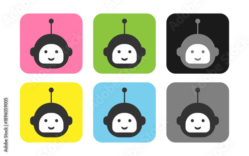 カラフルな角丸スクエア背景に笑顔のロボット顔アイコンを配置したチャットアプリ用フラットアイコンセット