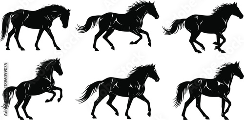 Horse silhouette collection, black dynamic poses, running and prancing horses, equine motion design, nature vector elements, animal illustration set