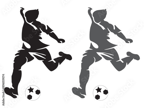 A vector graphic silhouette of a football  player kicking a ball. 