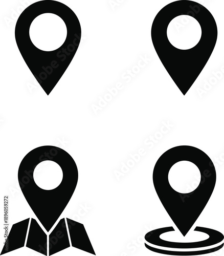 Location pin icons, map marker symbols, black vector design, GPS navigation, pinpoint graphic, destination icon, travel locator, map interface, folded map, radar base, location silhouette,