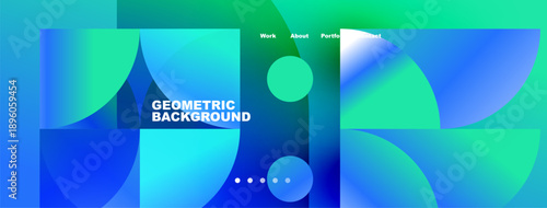 Abstract geometric background. Vibrant blue, green gradients dominate design. Text displays work, about, portfolio, contact options.