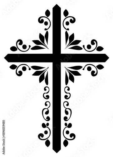 Ornate Christian cross with decorative floral filigree and scroll details in black silhouette