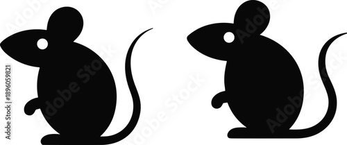 Cute mouse silhouette pair with simple rounded shapes small rodent characters sitting side view isolated on white background