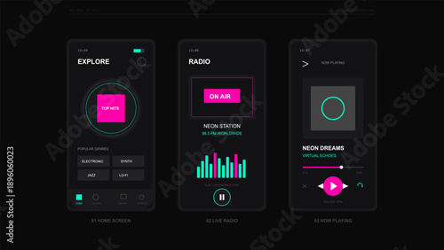 Dark mode mobile application screens for music streaming radio player interface design