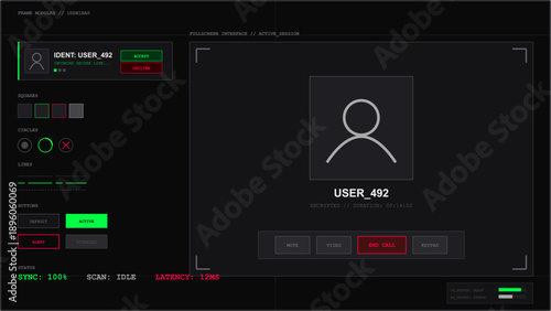 Futuristic secure communication interface screen displaying user profile and active session controls