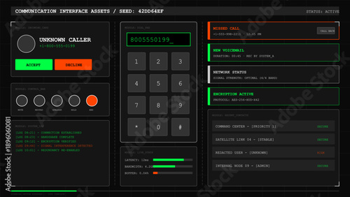 Futuristic communication interface assets with dial pad and secure network status display
