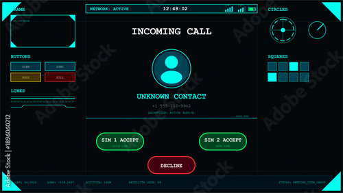 High-tech digital interface screen displaying an encrypted incoming call from an unidentified source with control options