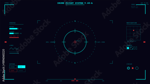 Futuristic heads up display for drone flight control system with targeting reticle and data readouts