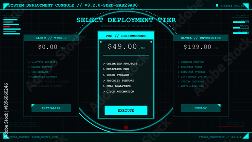 Futuristic console interface for system deployment, service tiers, and pricing selection