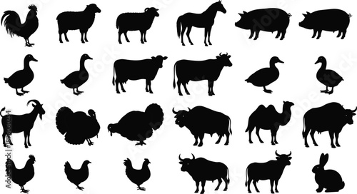 Farm animal silhouette collection grid illustration, rooster sheep horse pig duck goose cow goat turkey camel buffalo rabbit, livestock icon design, flat vector illustration