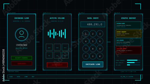 Futuristic dark user interface screen displaying communication status and critical system errors