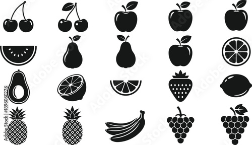 Fruit silhouette icon collection grid, cherries apples pears watermelon orange avocado strawberry lemon pineapple bananas grapes, healthy food design elements, flat vector illustration