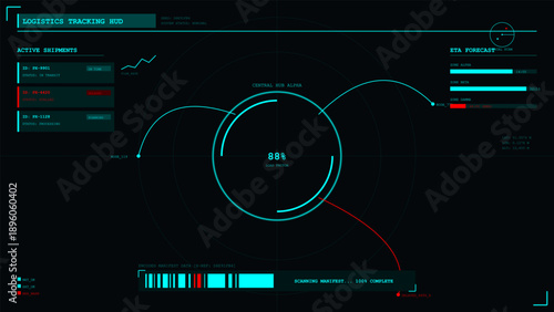 Futuristic logistics tracking heads-up display showing active shipments and central hub load factor data