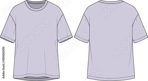 Short sleeve t‑shirt technical fashion flat sketch, front and back view garment construction details with seam lines stitching contour design elements, flat vector illustration