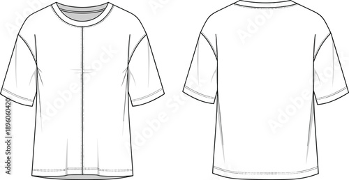Short sleeve t‑shirt technical fashion flat sketch, front and back view garment construction details with seam lines and stitching design elements, flat vector illustration