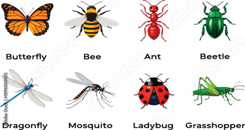 Minimalist Colorful Insects Vector Icon Set Flat Line Art Bug Pictograms on Grid Layout.