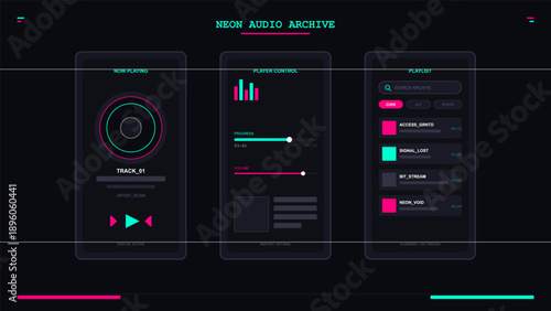 Futuristic dark mode audio player interface featuring neon pink and cyan accents