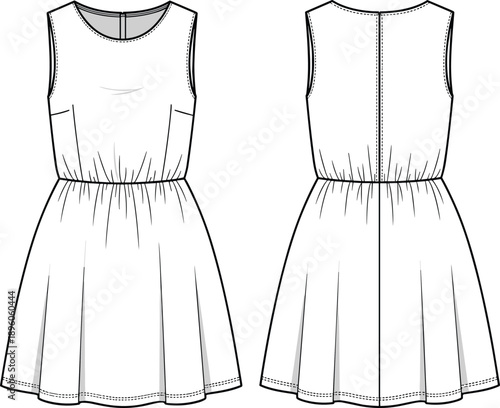 Sleeveless dress technical flat sketch, round neckline, fitted bodice with darts, gathered waist, flared skirt, garment construction apparel design, flat vector illustration