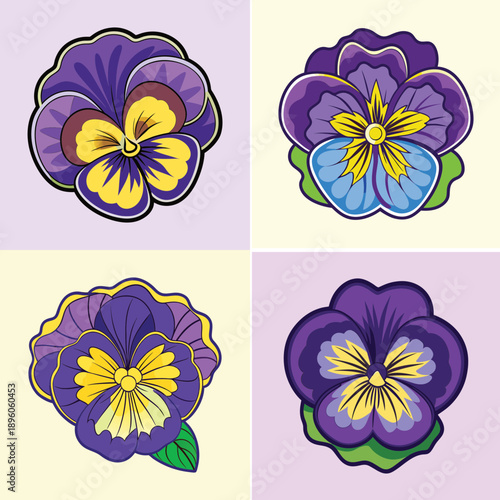 Pansy flowers in different colors and styles, flat design vector illustration