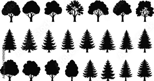 Tree silhouette collection grid illustration, broadleaf and coniferous forest shapes, botanical nature design elements, seasonal landscape artwork for environment concept, flat vector illustration