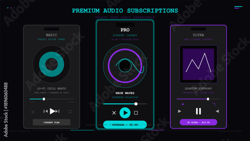 Dark mode user interface concept for premium audio subscription service showing three plan tiers