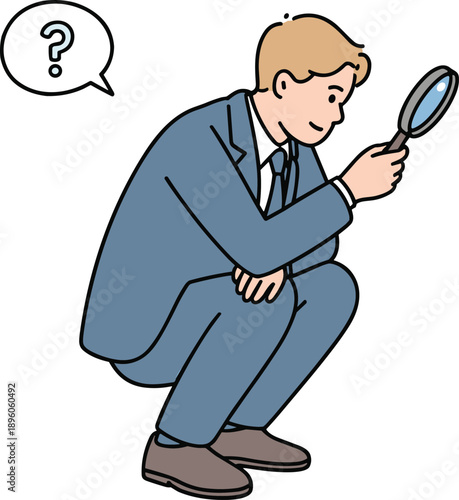 Person investigating with magnifying glass, question mark speech bubble, curiosity concept, search for answers, vector illustration, blue suit