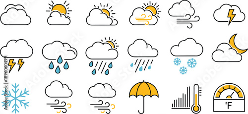 Weather icon collection grid illustration, cloudy sunny rainy snowy storm windy temperature gauge symbols, meteorology forecast design elements, climate condition artwork, flat vector illustration