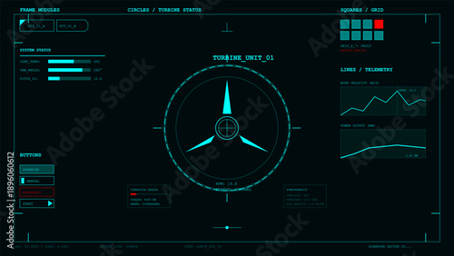 Digital dashboard screen monitoring turbine unit operation, system status, and wind velocity graphs
