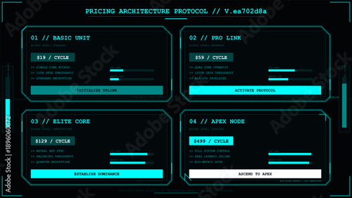 Futuristic digital interface showing tiered pricing architecture protocol and system data metrics