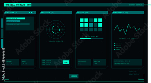 Advanced spaceship control panel interface displaying power navigation and atmospheric readings