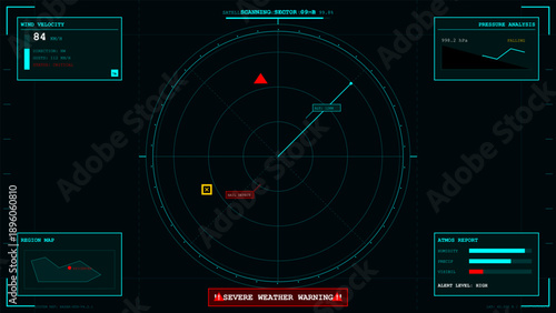 Futuristic severe weather warning system interface showing critical wind velocity and atmospheric pressure analysis on a digital radar