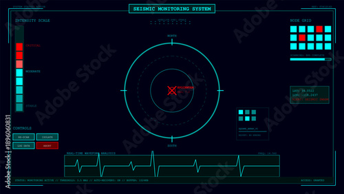 Futuristic dashboard displaying critical seismic activity and real-time waveform data