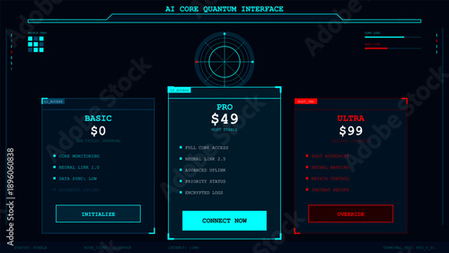 High-tech artificial intelligence quantum interface screen showing subscription plans and system status