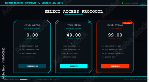 Futuristic dark interface showing three data access protocol pricing plans for system monitoring