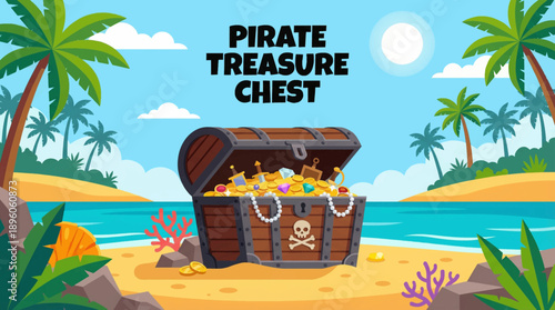 classic pirate treasure chest placed on a tropical beach with sand and rocks, designed for adventure branding, game assets, and storytelling visuals