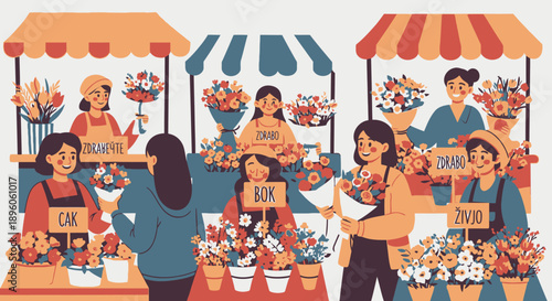 People shopping at a vibrant flower market.