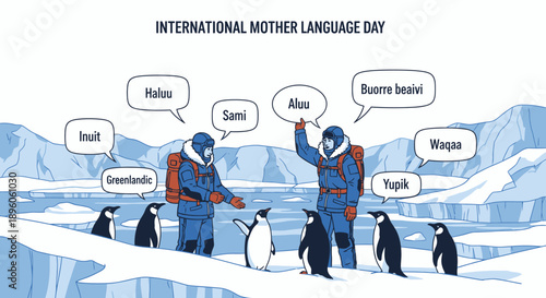 International Mother Language Day illustration with penguins and astronauts.