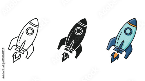 Set of three rocket ship illustrations in different styles